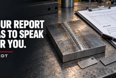 Welded steel coupon beside an inspection report